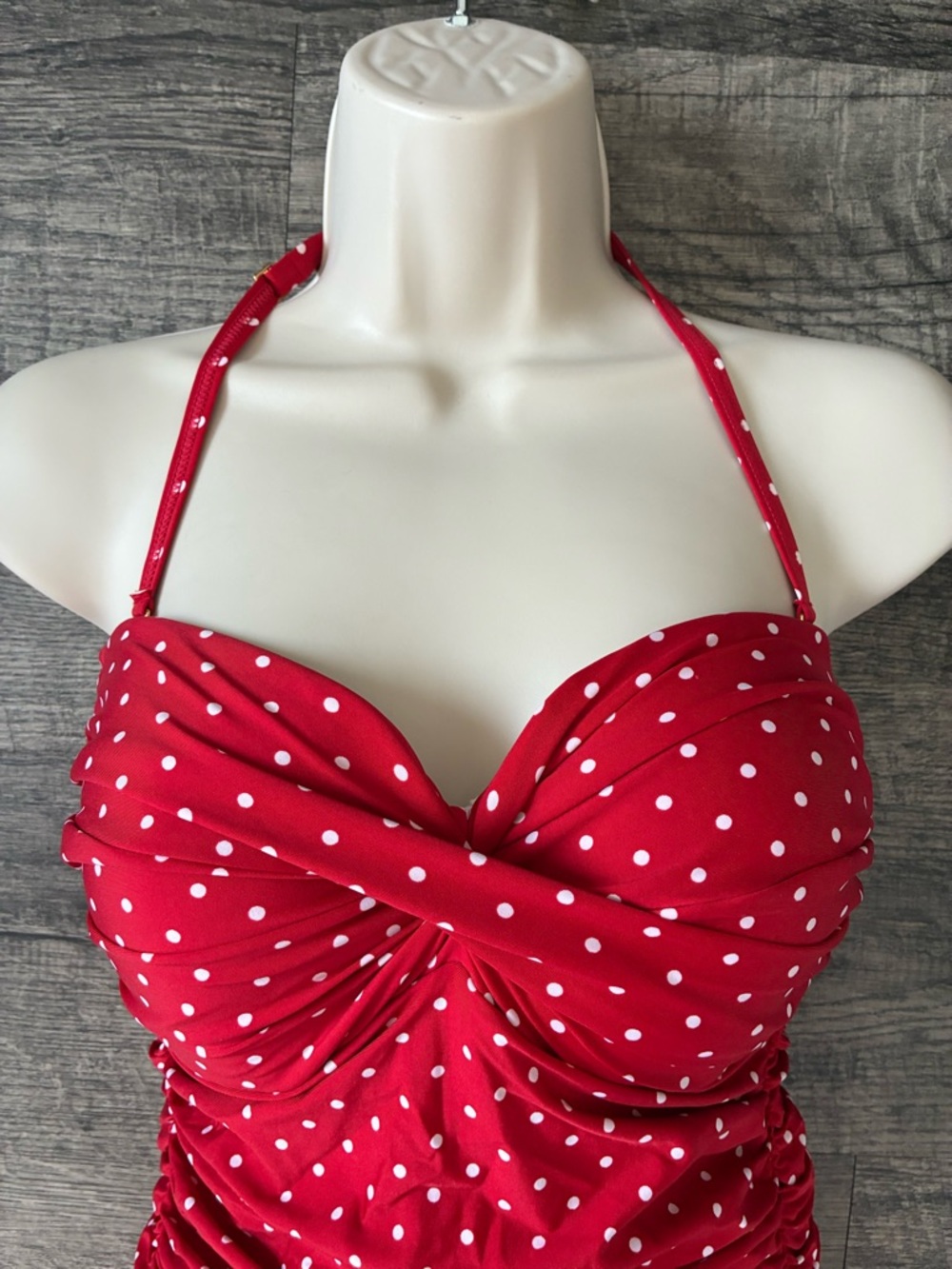 Jantzen Swim Dress One Piece 10 Retro Pinup Red Polka Dot Twist Front - Picture 5 of 7